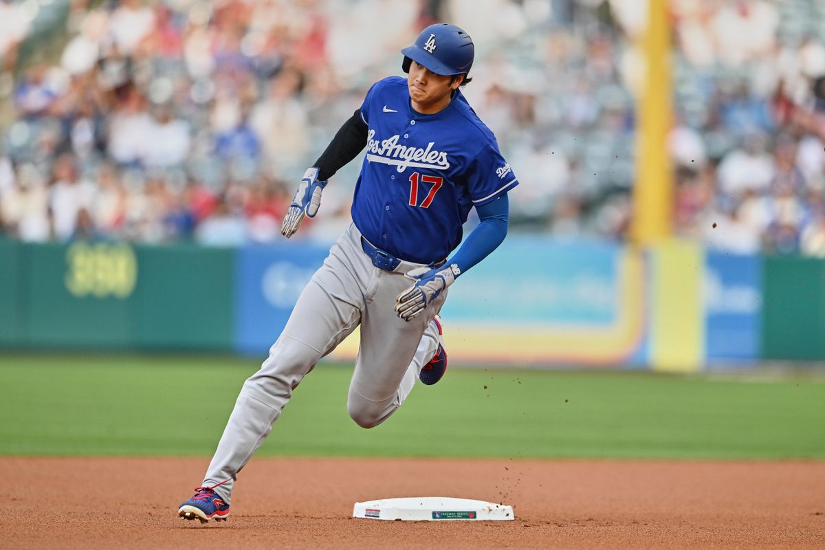 The Los Angeles Dodgers Shohei Ohtani #17 rounds second during an MLB game against the Los Angeles Angels, May 16th, 2026 at Angels Stadium in Anaheim, California.