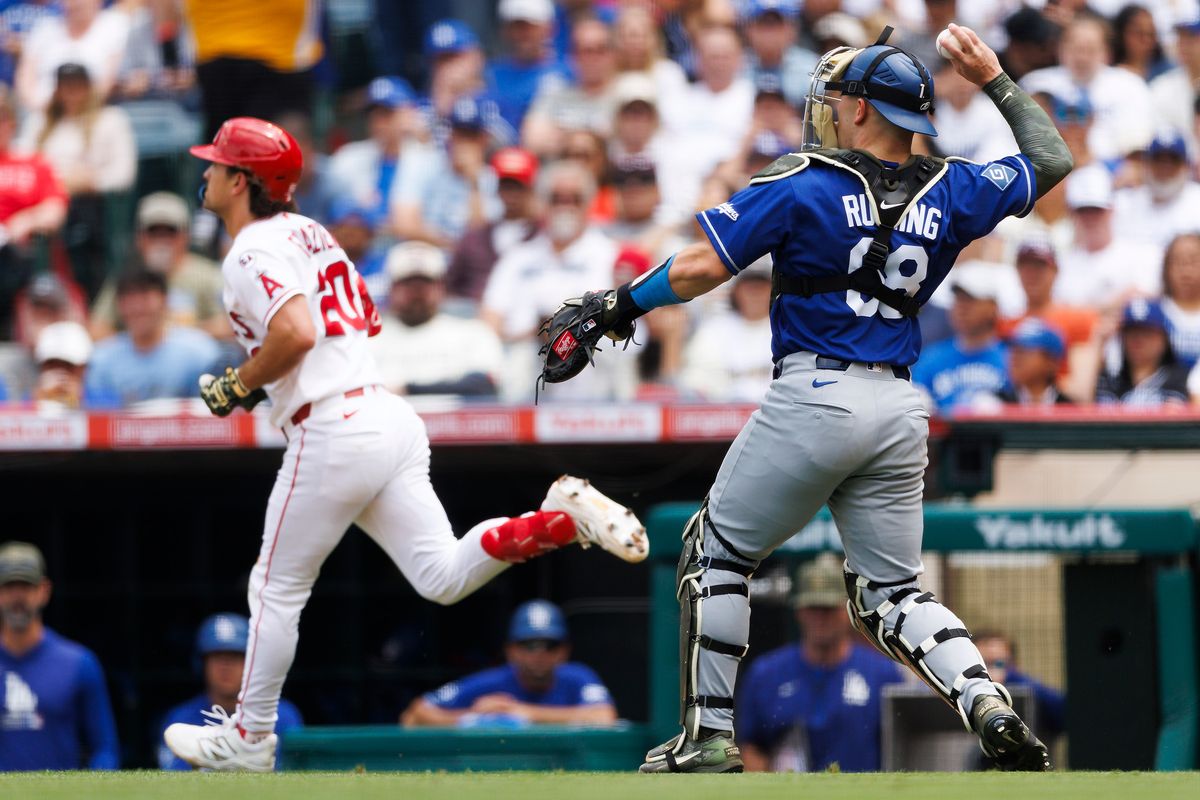 Dalton Rushing #68 of the Los Angeles Dodgers throws to first base during the game against the Los Angeles Angels at Angel Stadium of Anaheim on May 17, 2026 in Anaheim, California.