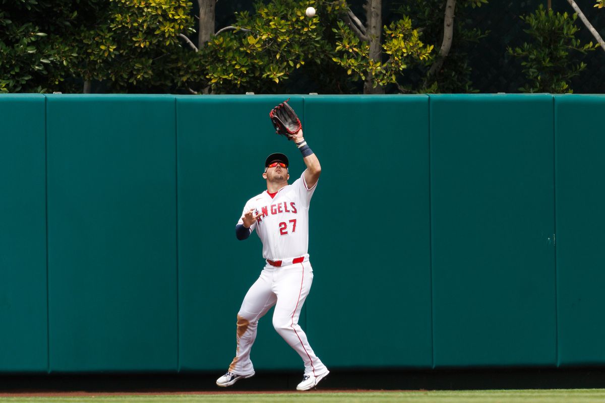 Mike Trout #27 of the Los Angeles Angels catches a fly ball during the game against the Los Angeles Dodgers at Angel Stadium of Anaheim on May 17, 2026 in Anaheim, California. 