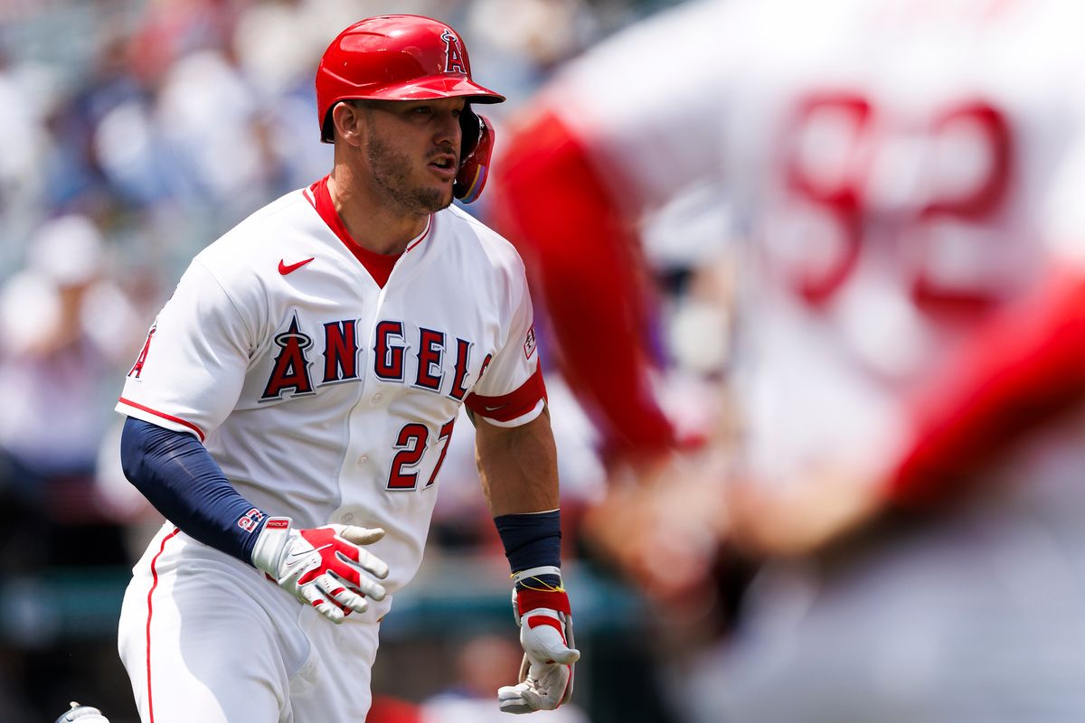 Mike Trout #27 of the Los Angeles Angels runs during the game against the Los Angeles Dodgers at Angel Stadium of Anaheim on May 17, 2026 in Anaheim, California.