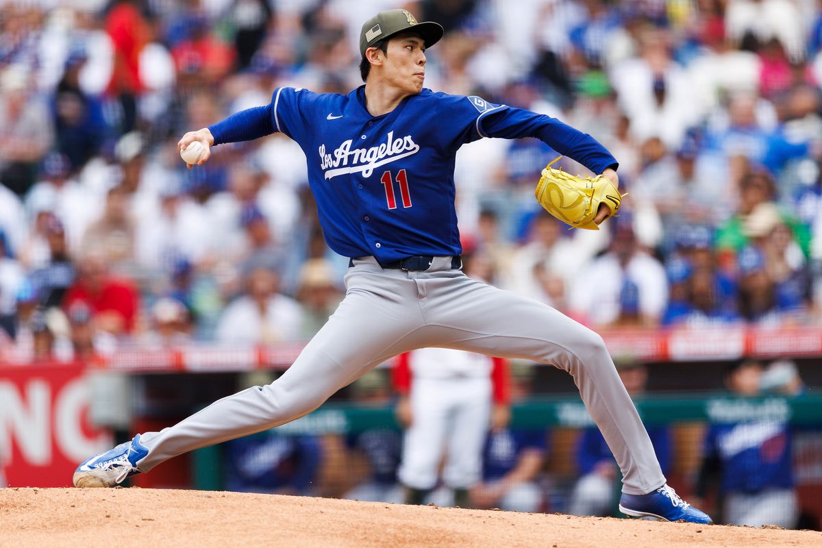 Roki Sasaki #11 of the Los Angeles Dodgers pitches during the game against the Los Angeles Angels at Angel Stadium of Anaheim on May 17, 2026 in Anaheim, California. 