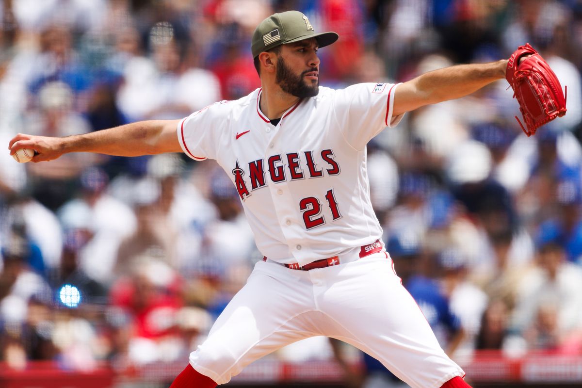 Grayson Rodriguez #21 of the Los Angeles Angels pitches during the game against the Los Angeles Dodgers at Angel Stadium of Anaheim on May 17, 2026 in Anaheim, California.