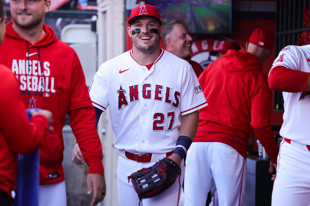 Los Angeles Angels outfielder Mike Trout (27) smiles in the dugout during the MLB game against the Athletics Monday May 18th, 2026 at Angel's Stadium in Anaheim, Calif. Los Angeles Angels outfielder Mike Trout (27) smiles in the dugout during the MLB game against the Athletics Monday May 18th, 2026 at Angel's Stadium in Anaheim, Calif.