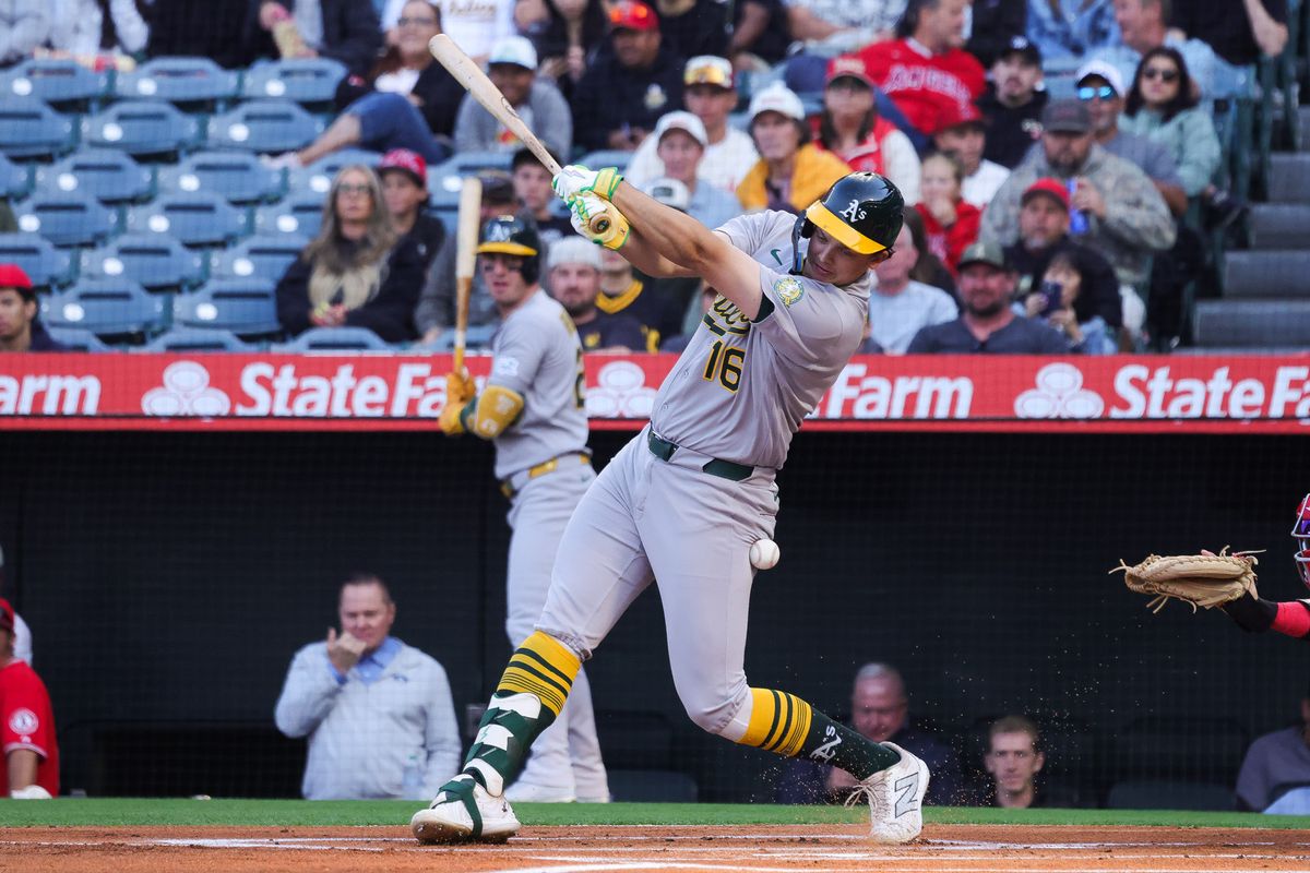 Athletics infielder Nick Kurtz (16) gets hit by a ball during the MLB game against the Los Angeles Angels Monday May 18th, 2026 at Angel's Stadium in Anaheim, Calif. Athletics infielder Nick Kurtz (16) gets hit by a ball during the MLB game against the Los Angeles Angels Monday May 18th, 2026 at Angel's Stadium in Anaheim, Calif.