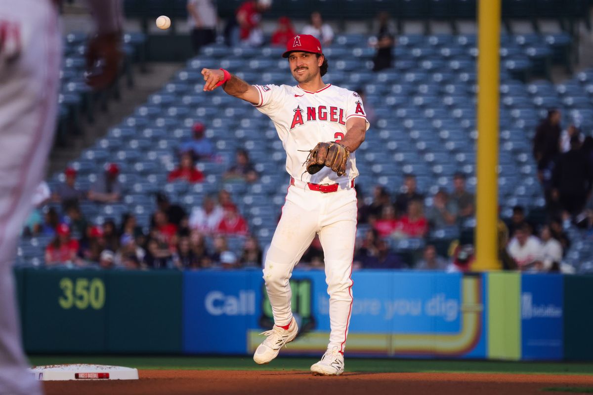 Los Angeles Angels infielder Adam Frazier (20) throws the ball during the MLB game against the Athletics Monday May 18th, 2026 at Angel's Stadium in Anaheim, Calif. Los Angeles Angels infielder Adam Frazier (20) throws the ball during the MLB game against the Athletics Monday May 18th, 2026 at Angel's Stadium in Anaheim, Calif.