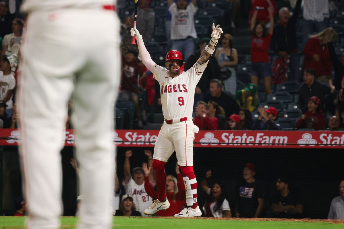 Los Angeles Angels infielder Zach Neto (9) celebrates during the MLB game against the Athletics Monday May 18th, 2026 at Angel's Stadium in Anaheim, Calif. Los Angeles Angels infielder Zach Neto (9) celebrates during the MLB game against the Athletics Monday May 18th, 2026 at Angel's Stadium in Anaheim, Calif.