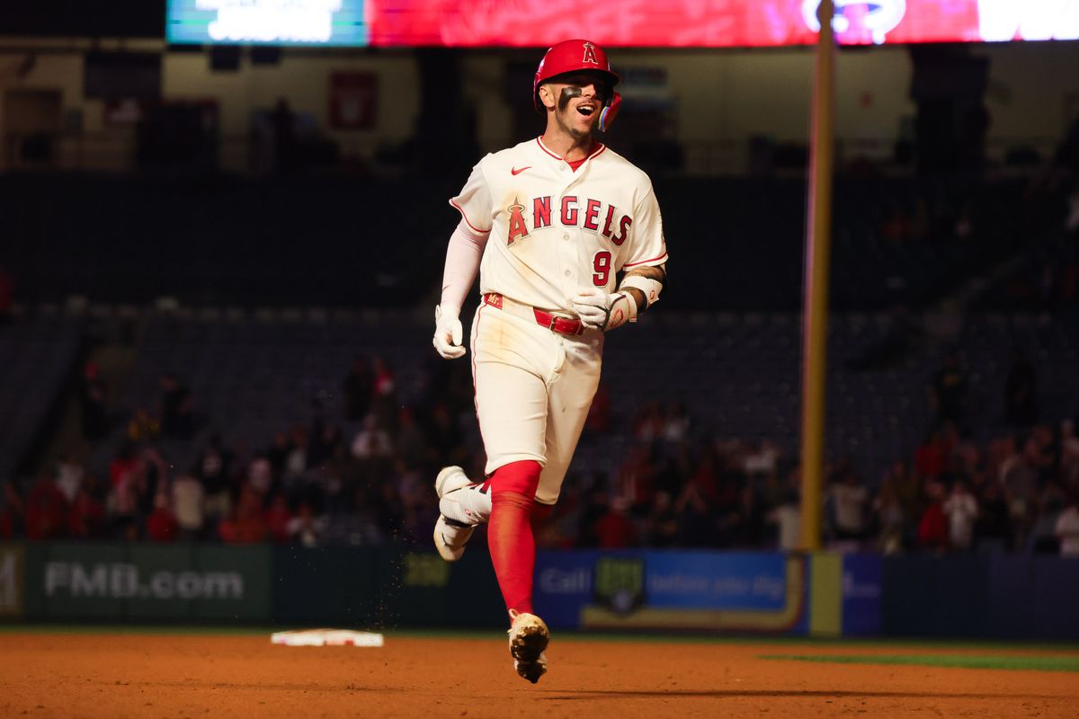 Los Angeles Angels infielder Zach Neto (9) celebrates after hitting a walk-off home run during the MLB game against the Athletics Monday May 18th, 2026 at Angel's Stadium in Anaheim, Calif. Los Angeles Angels infielder Zach Neto (9) celebrates after hitting a walk-off home run during the MLB game against the Athletics Monday May 18th, 2026 at Angel's Stadium in Anaheim, Calif.