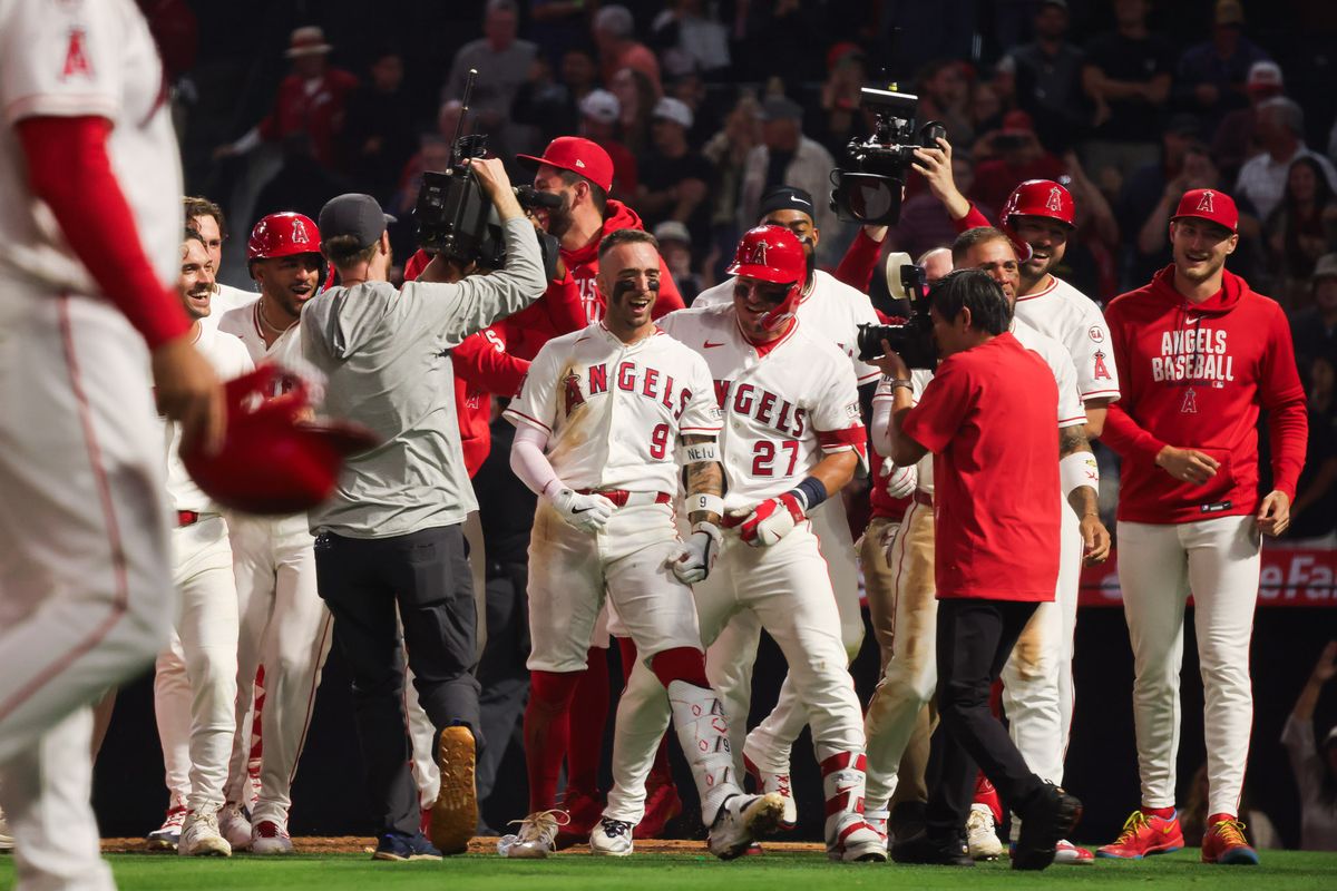 Los Angeles Angels infielder Zach Neto (9) celebrates after hitting a walk-off home run during the MLB game against the Athletics Monday May 18th, 2026 at Angel's Stadium in Anaheim, Calif. Los Angeles Angels infielder Zach Neto (9) celebrates after hitting a walk-off home run during the MLB game against the Athletics Monday May 18th, 2026 at Angel's Stadium in Anaheim, Calif.