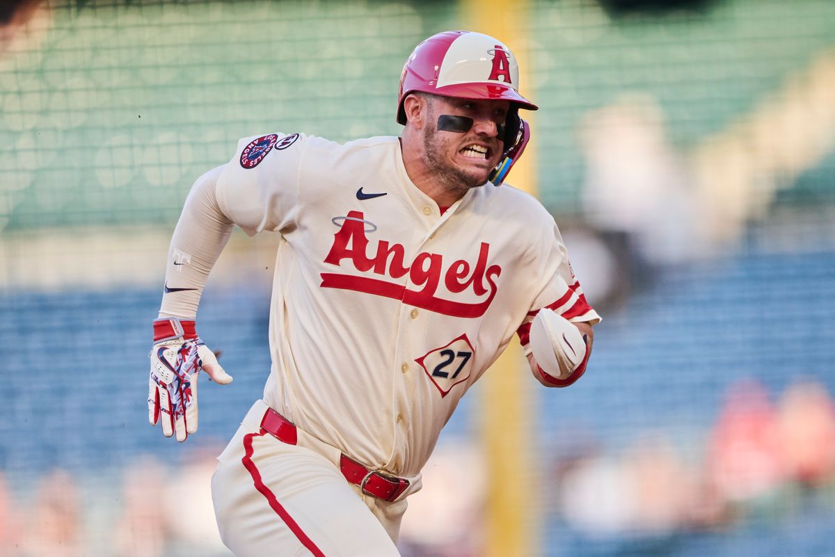 The Los Angeles Angels Mike Trout #27 runs to third base during an MLB game against The Athletics on May 19th, 2026 at Angels Stadium in Anaheim, California. The Los Angeles Angels Mike Trout #27 runs to third base during an MLB game against The Athletics on May 19th, 2026 at Angels Stadium in Anaheim, California.