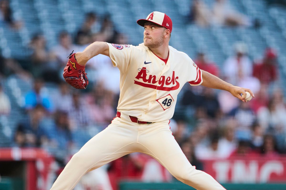 The Los Angeles Angels Reid Detmers #48 pitches during an MLB game against The Athletics on May 19th, 2026 at Angels Stadium in Anaheim, California. The Los Angeles Angels Reid Detmers #48 pitches during an MLB game against The Athletics on May 19th, 2026 at Angels Stadium in Anaheim, California.