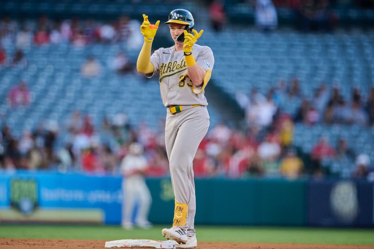 The Athletics Henry Bolte #33 celebrates a double during an MLB game against The Los Angeles Angels on May 19th, 2026 at Angels Stadium in Anaheim, California. The Athletics Henry Bolte #33 celebrates a double during an MLB game against The Los Angeles Angels on May 19th, 2026 at Angels Stadium in Anaheim, California.