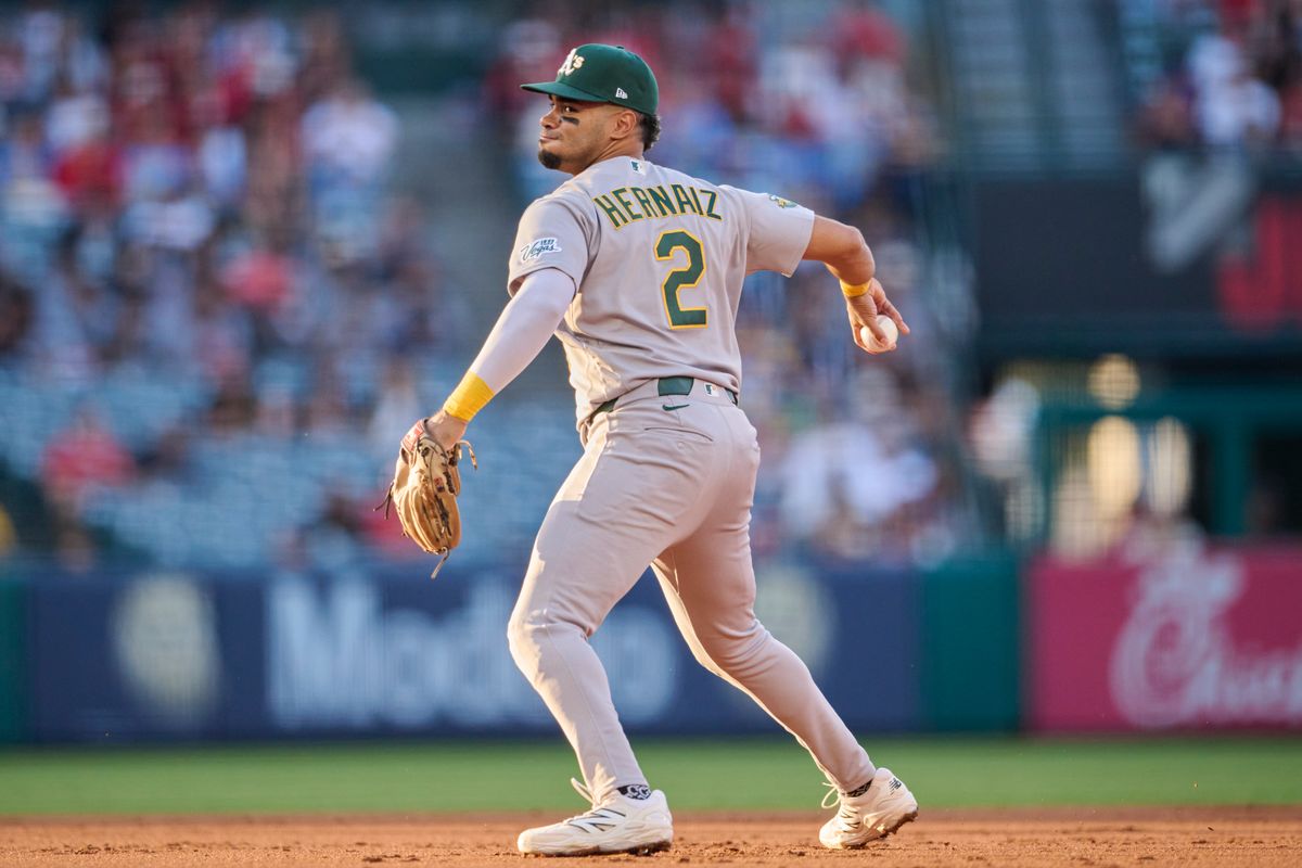 The Athletics Darell Hernaiz #2 throws to first base during an MLB game against The Los Angeles Angels on May 19th, 2026 at Angels Stadium in Anaheim, California. The Athletics Darell Hernaiz #2 throws to first base during an MLB game against The Los Angeles Angels on May 19th, 2026 at Angels Stadium in Anaheim, California.