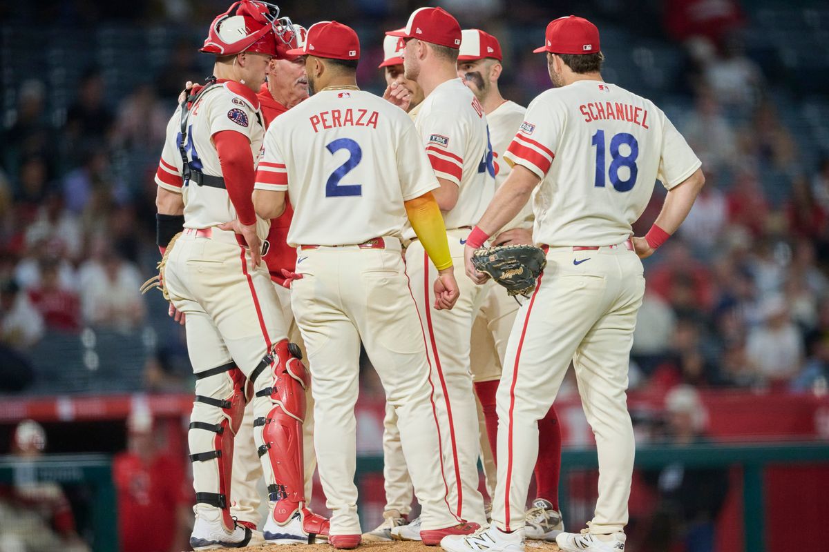 The Los Angeles Angels visit the mound during an MLB game against The Athletics on May 19th, 2026 at Angels Stadium in Anaheim, California. The Los Angeles Angels visit the mound during an MLB game against The Athletics on May 19th, 2026 at Angels Stadium in Anaheim, California.