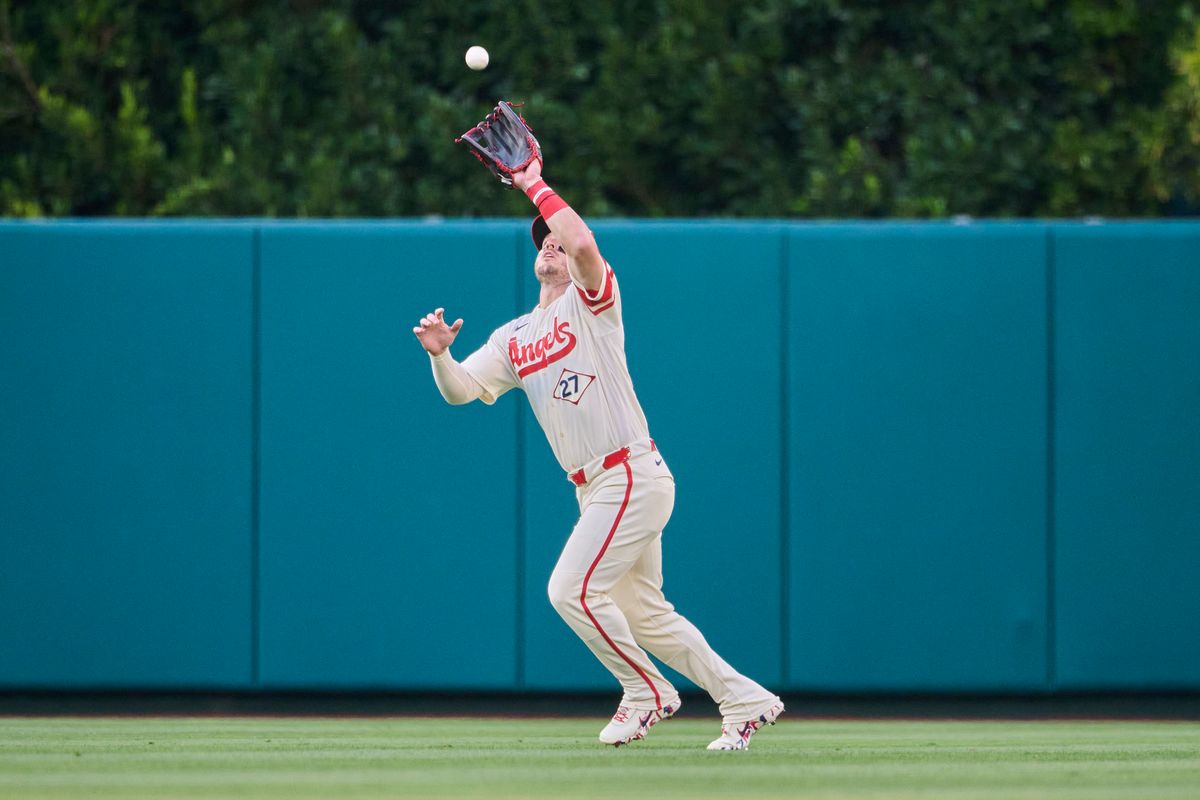 The Los Angeles Angels Mike Trout #27 catches a fly ball during an MLB game against The Athletics on May 19th, 2026 at Angels Stadium in Anaheim, California. The Los Angeles Angels Mike Trout #27 catches a fly ball during an MLB game against The Athletics on May 19th, 2026 at Angels Stadium in Anaheim, California.