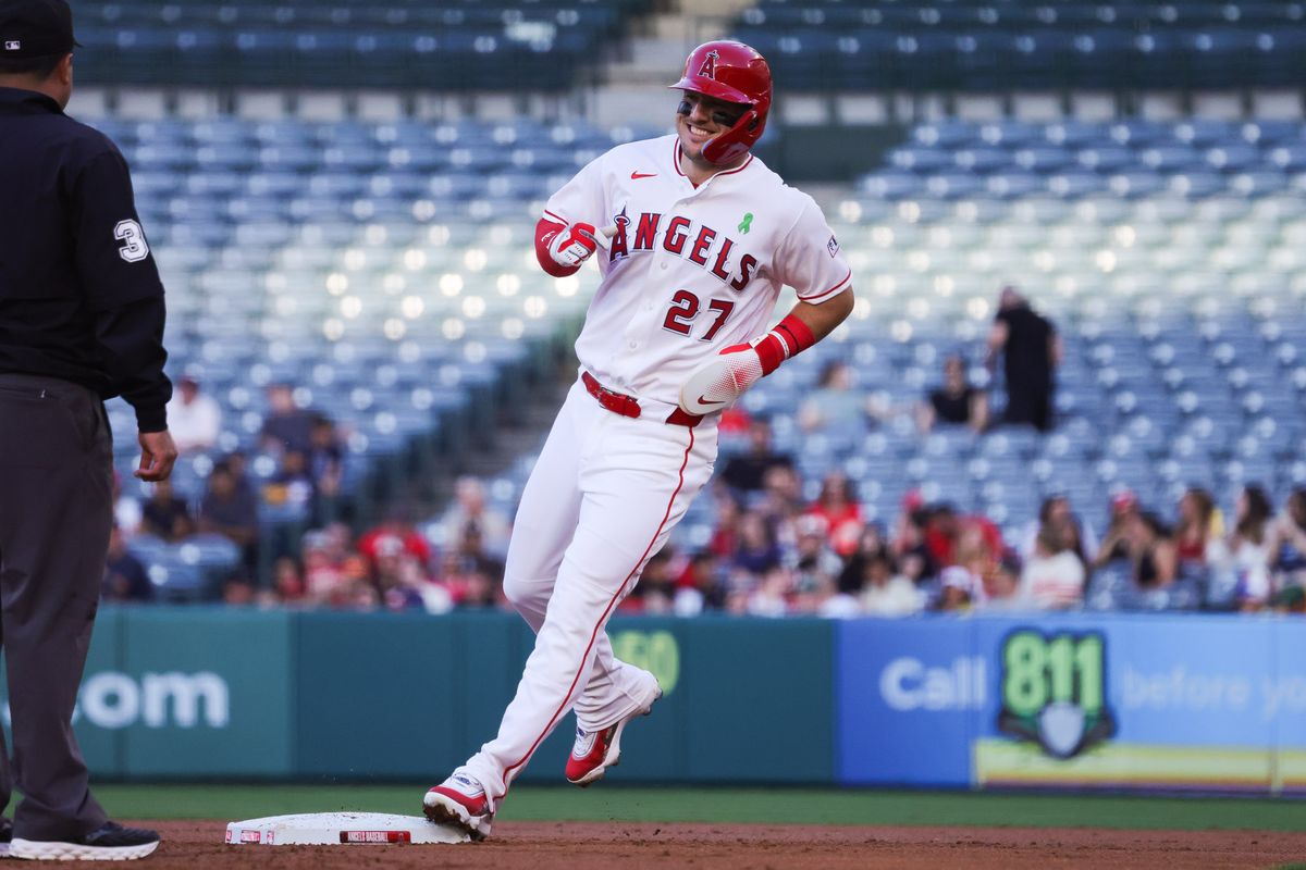 Los Angeles Angels outfielder Mike Trout (27) runs during the MLB game against the Athletics Wednesday May 20th, 2026 at Angel's Stadium in Anaheim, Calif. Los Angeles Angels outfielder Mike Trout (27) runs during the MLB game against the Athletics Wednesday May 20th, 2026 at Angel's Stadium in Anaheim, Calif.