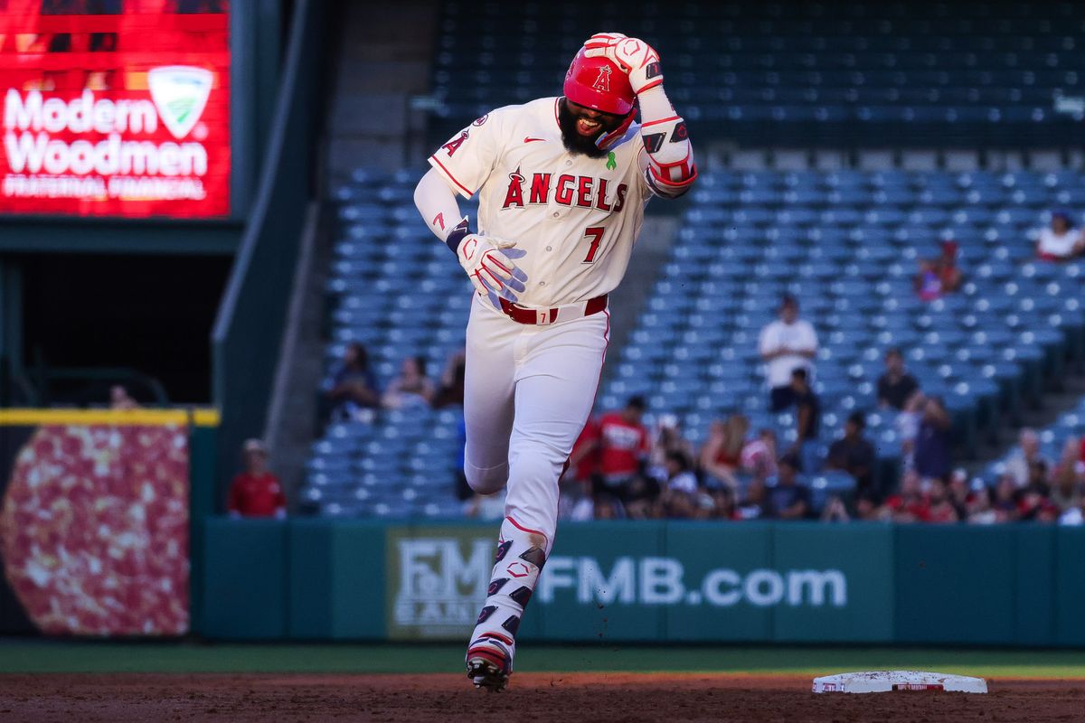 Los Angeles Angels outfielder Jo Adell (7) runs during the MLB game against the Athletics Wednesday May 20th, 2026 at Angel's Stadium in Anaheim, Calif. Los Angeles Angels outfielder Jo Adell (7) runs during the MLB game against the Athletics Wednesday May 20th, 2026 at Angel's Stadium in Anaheim, Calif.