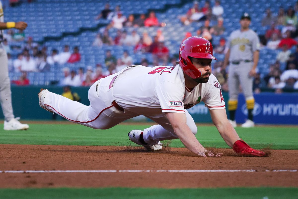 Los Angeles Angels infielder Nolan Schanuel (18) dives during the MLB game against the Athletics Wednesday May 20th, 2026 at Angel's Stadium in Anaheim, Calif. Los Angeles Angels infielder Nolan Schanuel (18) dives during the MLB game against the Athletics Wednesday May 20th, 2026 at Angel's Stadium in Anaheim, Calif.