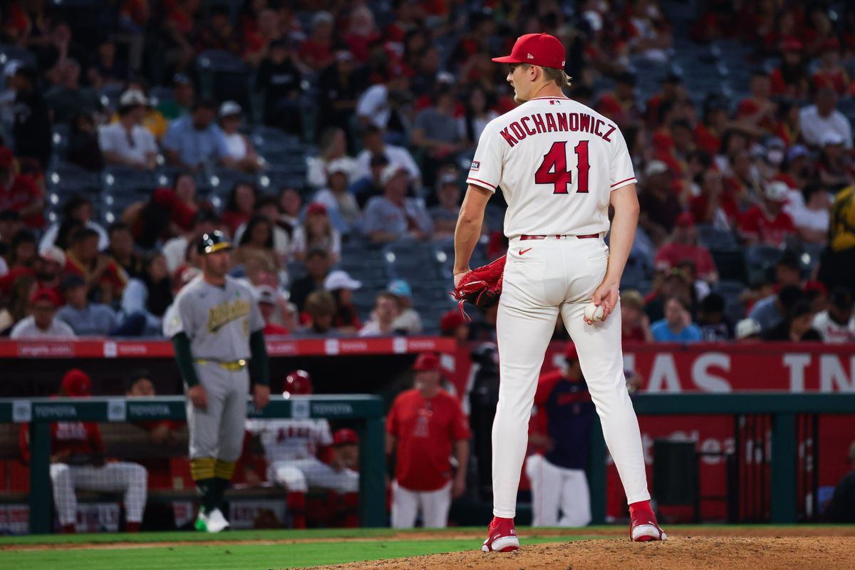 Los Angeles Angels right-handed pitcher Jack Kochanowicz (41) on the mound during the MLB game against the Athletics Wednesday May 20th, 2026 at Angel's Stadium in Anaheim, Calif. Los Angeles Angels right-handed pitcher Jack Kochanowicz (41) on the mound during the MLB game against the Athletics Wednesday May 20th, 2026 at Angel's Stadium in Anaheim, Calif.