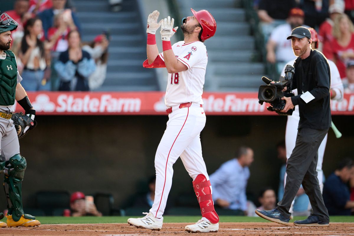 The Los Angeles Angels Nolan Schanuel #18 celebrates a two run homer during an MLB game against The Athletics on May 21st, 2026 at Angels Stadium in Anaheim, California.