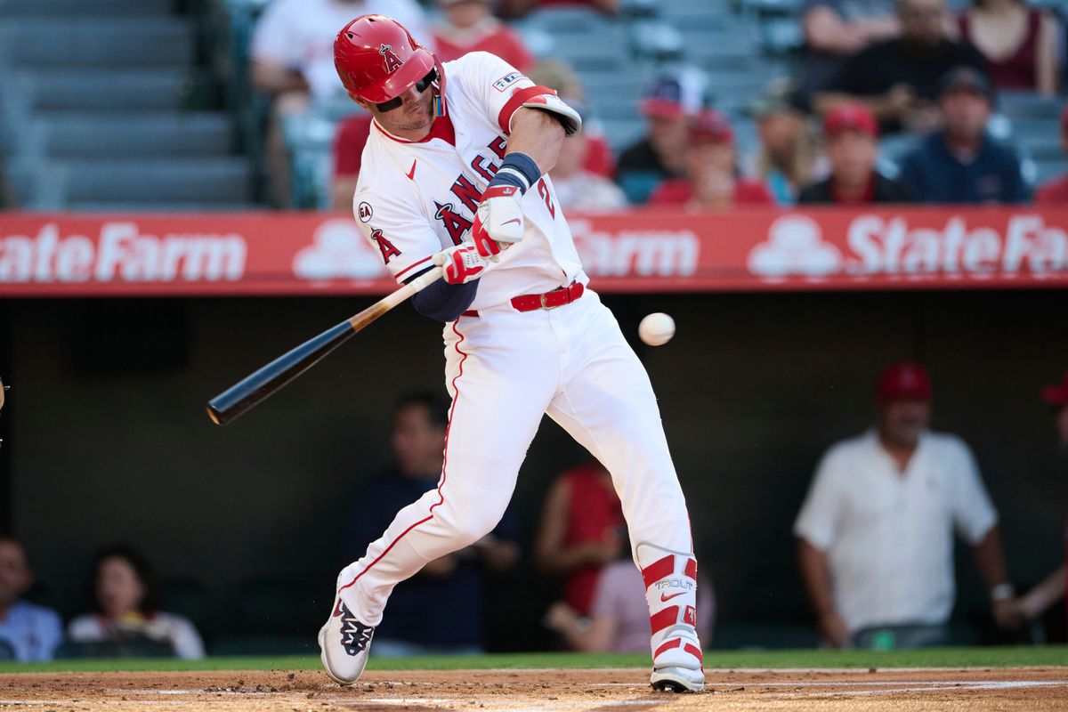 The Los Angeles Angels Mike Trout #27 bats during an MLB game against The Athletics on May 21st, 2026 at Angels Stadium in Anaheim, California.