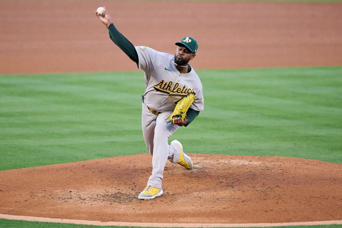 The Athletics Luis Severino #40 pitches during an MLB game against The Los Angeles Angels on May 21st, 2026 at Angels Stadium in Anaheim, California.