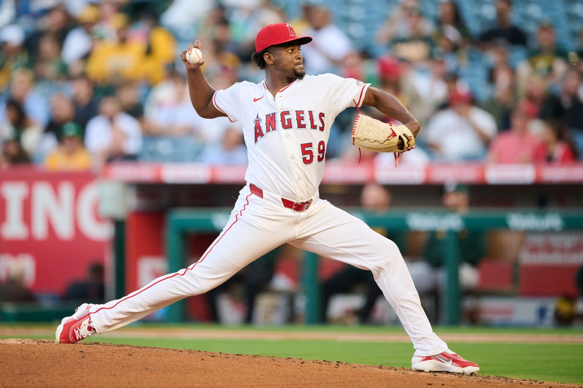 The Los Angeles Angels José Soriano #59 pitching during an MLB game against The Athletics on May 21st, 2026 at Angels Stadium in Anaheim, California.
