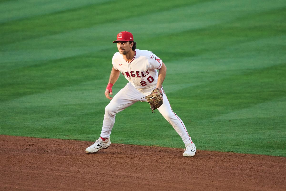 The Los Angeles Angels Adam Frazier #20 playing second base during an MLB game against The Athletics on May 21st, 2026 at Angels Stadium in Anaheim, California.