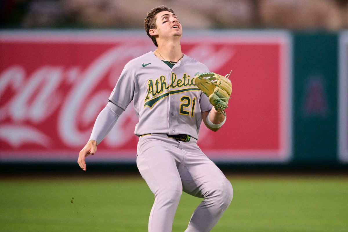The Athletics Tyler Soderstrom #21 catches a fly ball during an MLB game against The Los Angeles Angels on May 21st, 2026 at Angels Stadium in Anaheim, California.