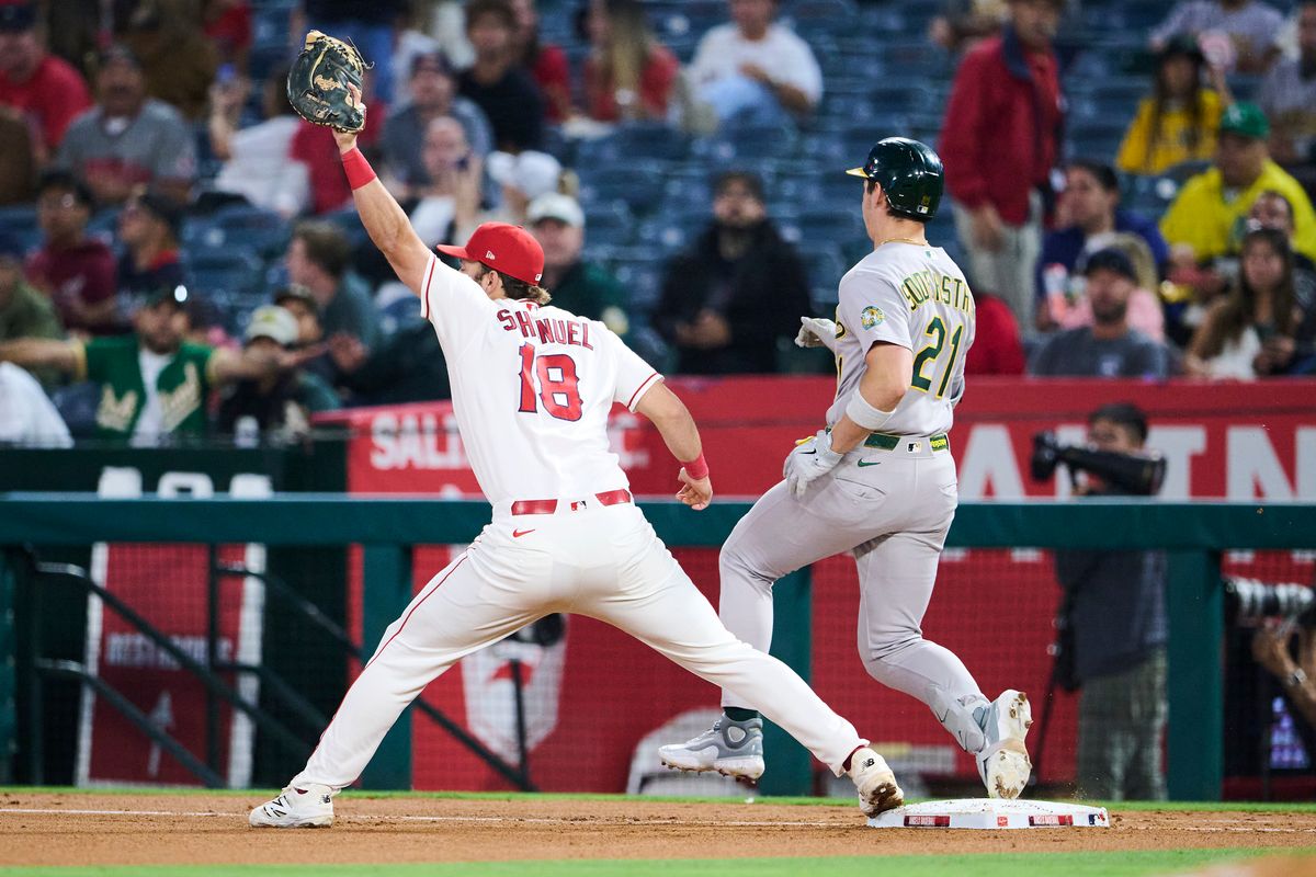 The Los Angeles Angels Nolan Schanuel #18 catches at first base during an MLB game against The Athletics on May 21st, 2026 at Angels Stadium in Anaheim, California.