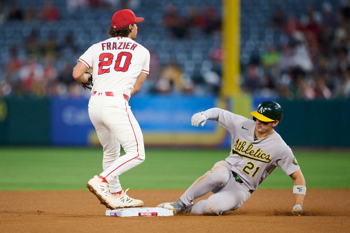 The Los Angeles Angels Adam Frazier #20 playing second base during an MLB game against The Athletics on May 21st, 2026 at Angels Stadium in Anaheim, California.