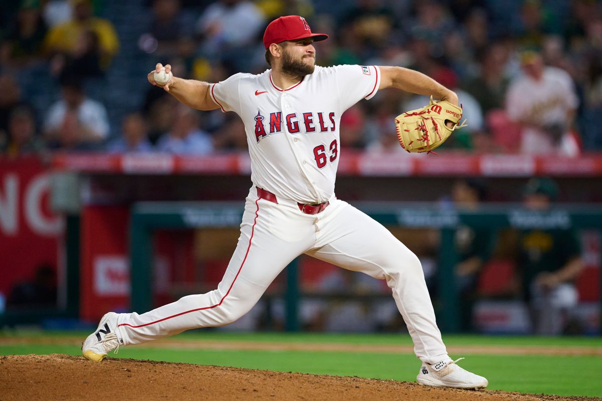 The Los Angeles Angels Chase Silseth #63 pitches during an MLB game against The Athletics on May 21st, 2026 at Angels Stadium in Anaheim, California.
