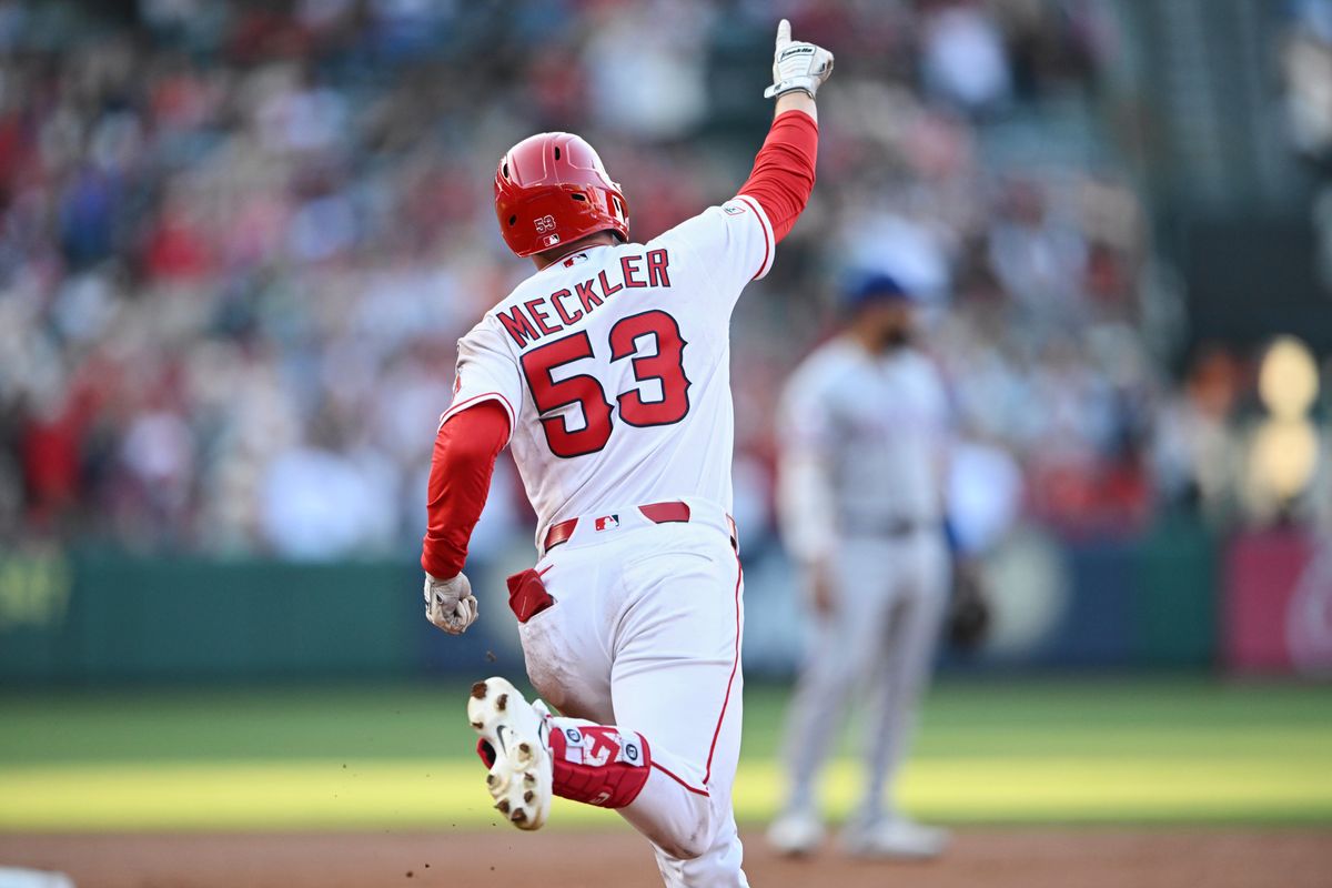 The Los Angeles Angels Wade Meckler #53 celebrates a home run during an MLB game against The Texas Rangers on May 22nd, 2026 at Angels Stadium in Anaheim, California. The Los Angeles Angels Wade Meckler #53 celebrates a home run during an MLB game against The Texas Rangers on May 22nd, 2026 at Angels Stadium in Anaheim, California.
