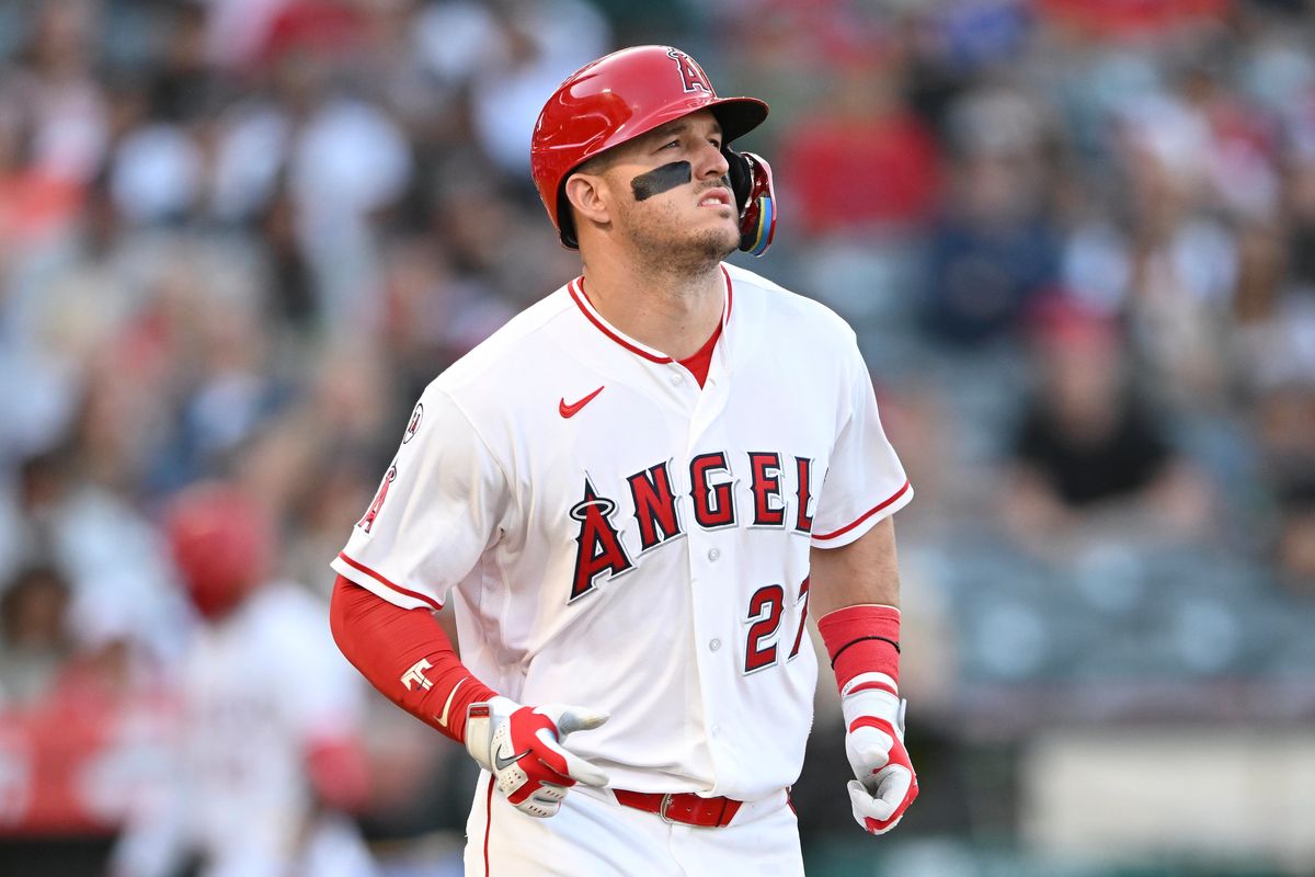 The Los Angeles Angels Mike Trout #27 advances to first base during an MLB game against The Texas Rangers on May 22nd, 2026 at Angels Stadium in Anaheim, California. The Los Angeles Angels Mike Trout #27 advances to first base during an MLB game against The Texas Rangers on May 22nd, 2026 at Angels Stadium in Anaheim, California.