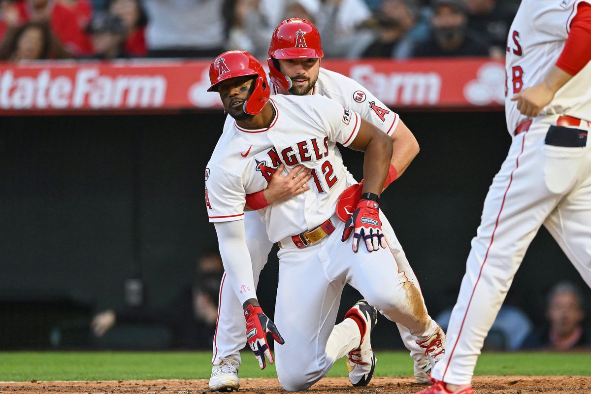 The Los Angeles Angels Jorge Soler #12 and Nolan Schanuel #18 after scoring during an MLB game against The Texas Rangers on May 22nd, 2026 at Angels Stadium in Anaheim, California. The Los Angeles Angels Jorge Soler #12 and Nolan Schanuel #18 after scoring during an MLB game against The Texas Rangers on May 22nd, 2026 at Angels Stadium in Anaheim, California.
