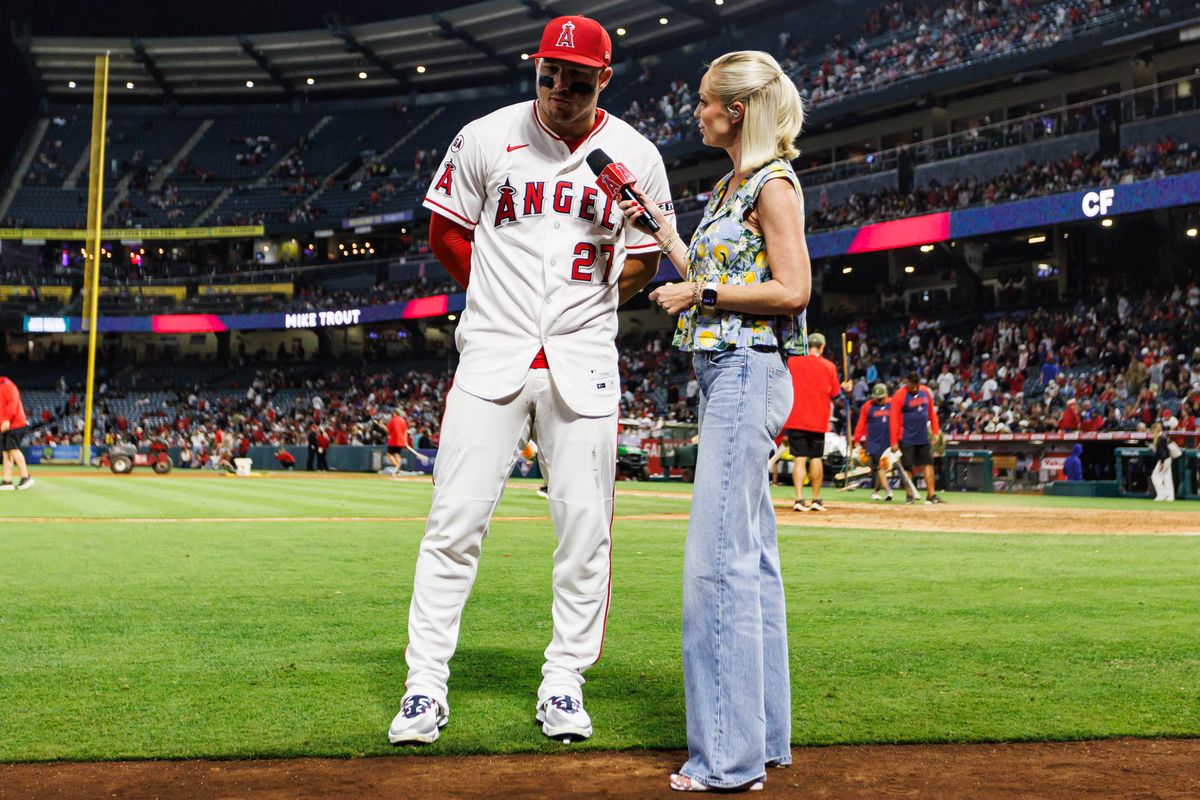 Mike Trout #27 of the Los Angeles Angels is interviewed after an MLB game against the Texas Rangers on May 23, 2026 at Angel Stadium in Anaheim, California.
