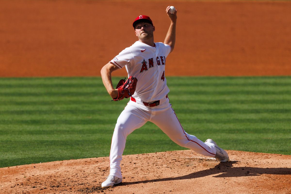 Reid Detmers #48 of the Los Angeles Angels pitches during the game against the Texas Rangers at Angel Stadium of Anaheim on May 24, 2026 in Anaheim, California. 