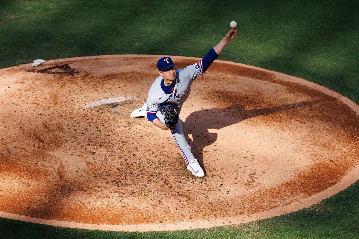 MacKenzie Gore #1 of the Texas Rangers pitches during the game against the Texas Rangers at Angel Stadium of Anaheim on May 24, 2026 in Anaheim, California.