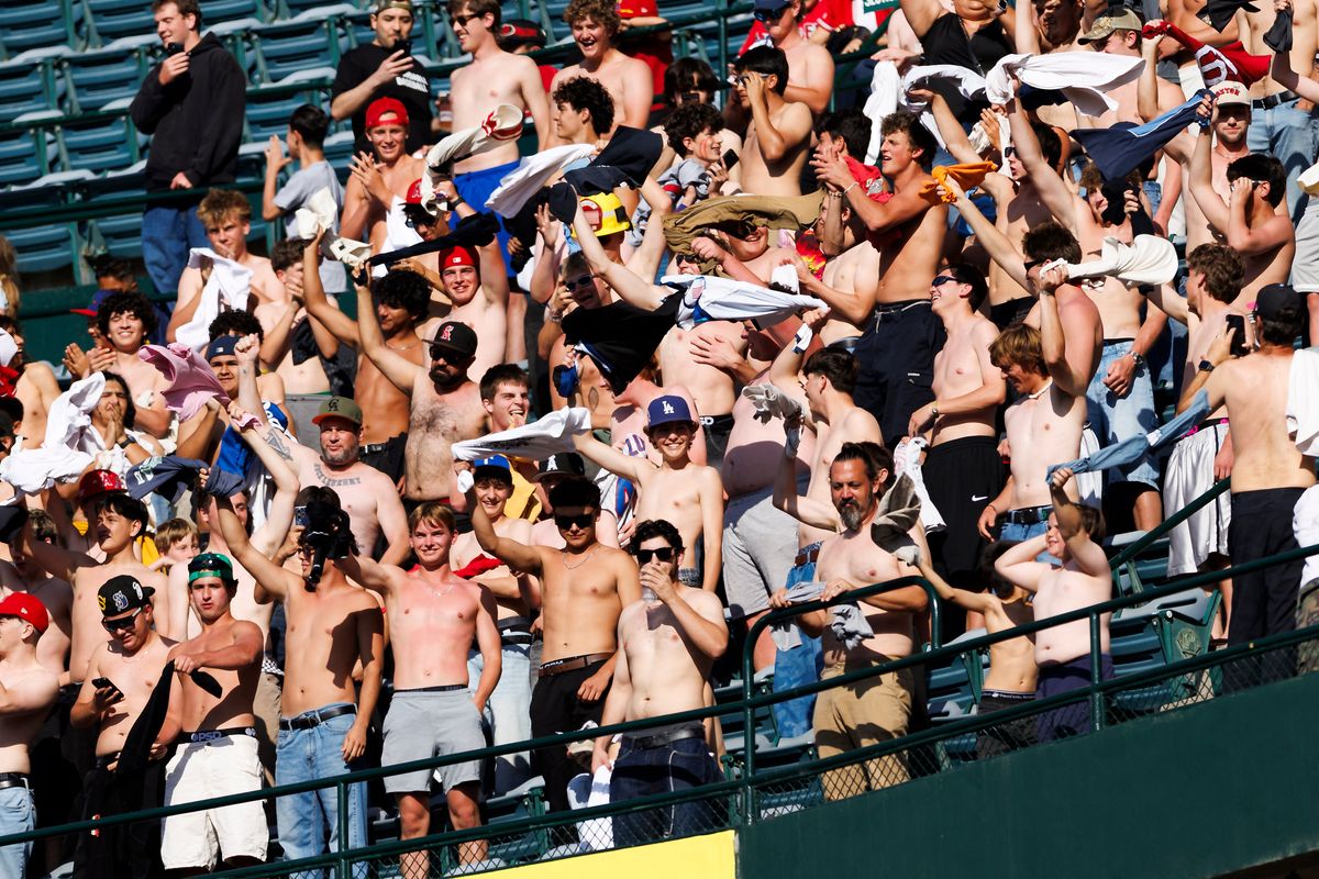Los Angeles Angels fans cheer during the game against the Texas Rangers at Angel Stadium of Anaheim on May 24, 2026 in Anaheim, California. 