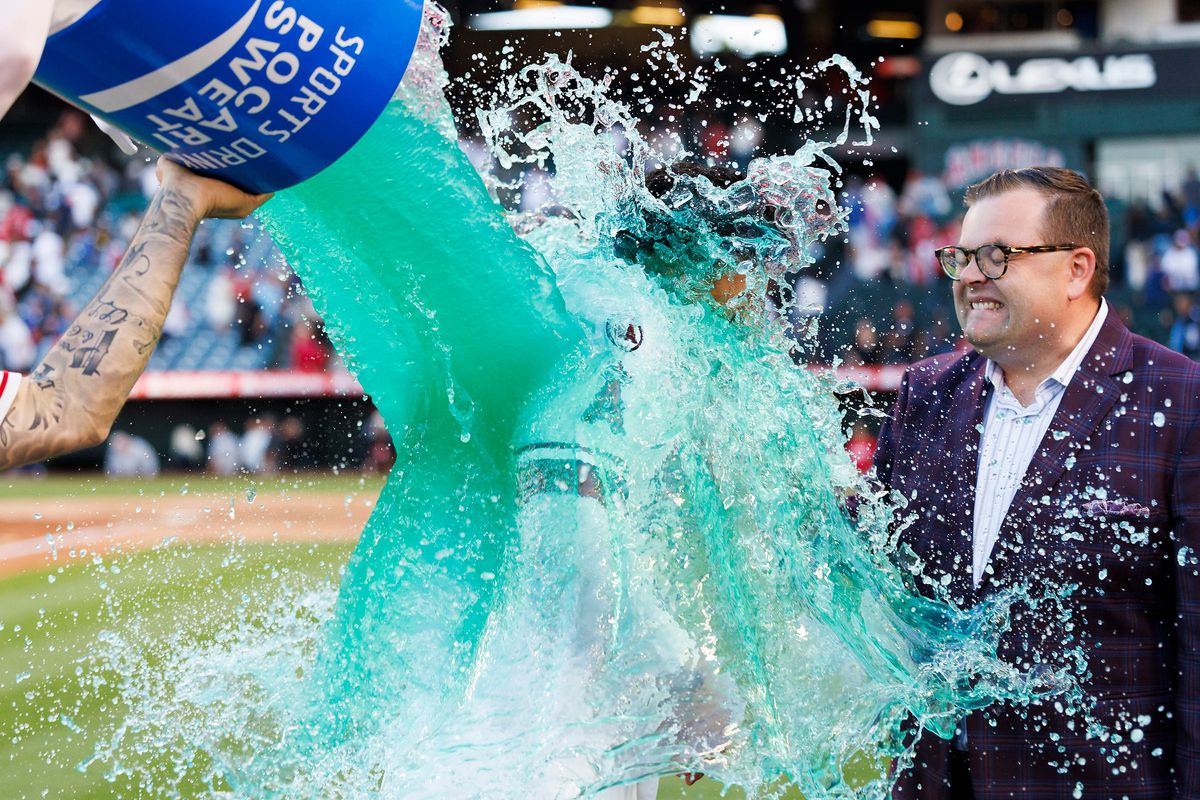 Oswald Peraza #2 of the Los Angeles Angels gets a Gatorade bath after the game against the Texas Rangers at Angel Stadium of Anaheim on May 24, 2026 in Anaheim, California.