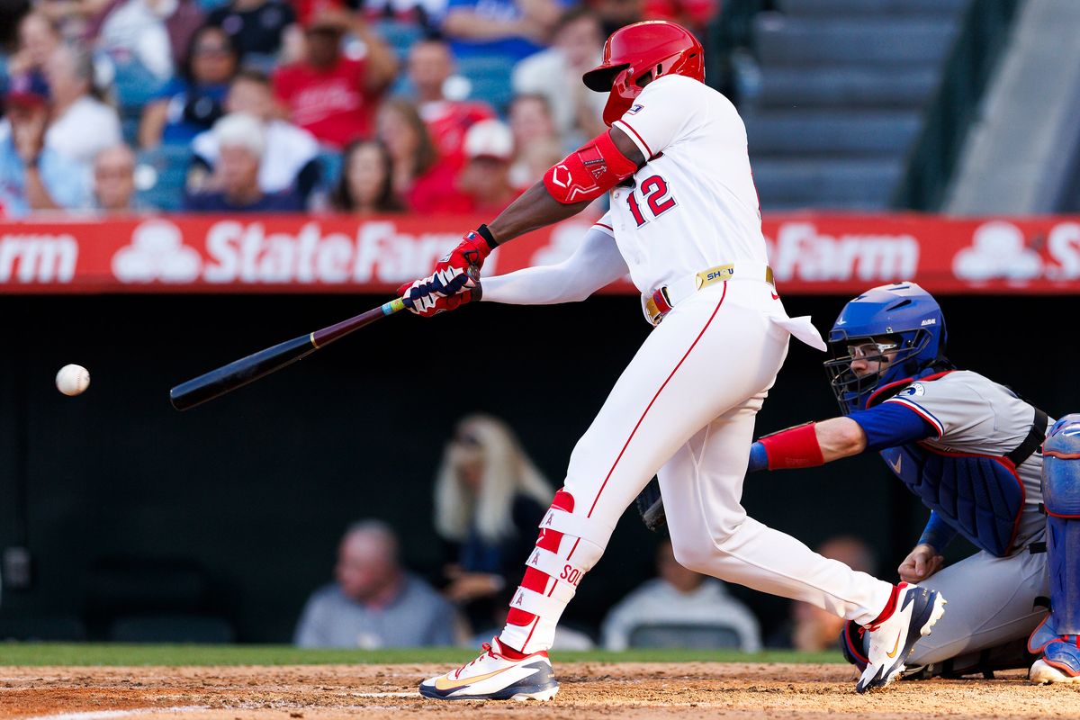 Jorge Soler #12 of the Los Angeles Angels hits during the ninth inning against the Texas Rangers at Angel Stadium of Anaheim on May 24, 2026 in Anaheim, California.