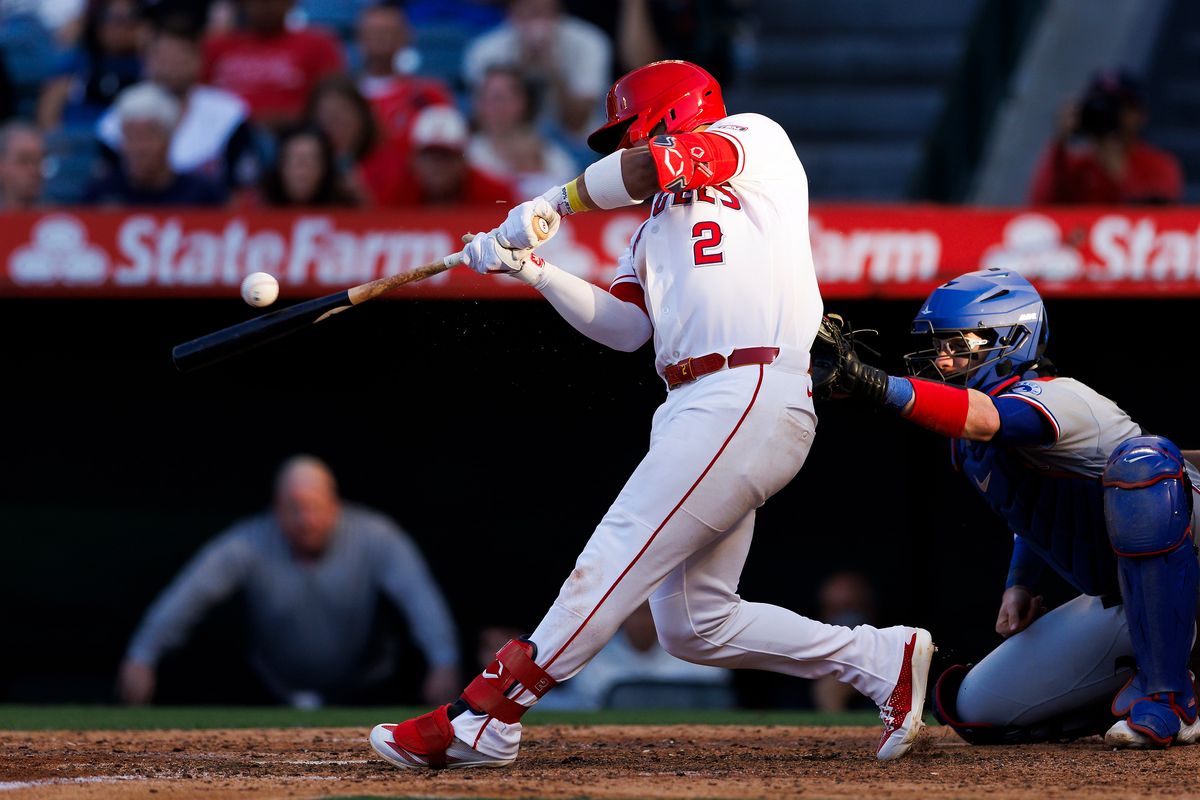 Oswald Peraza #2 of the Los Angeles Angels walk off single during the game against the Texas Rangers at Angel Stadium of Anaheim on May 24, 2026 in Anaheim, California. 