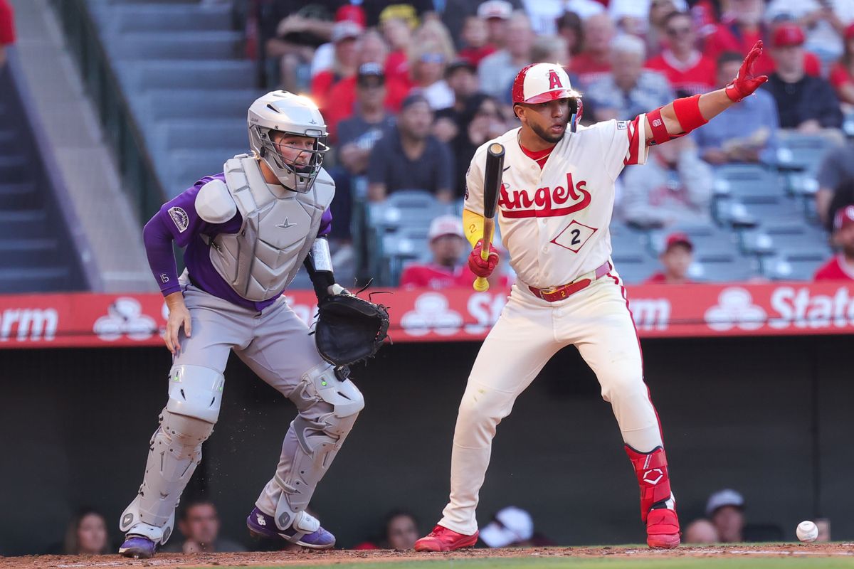 Los Angeles Angels infielder Oswald Peraza (2) calls for a pause during an MLB game against the Colorado Rockies on June 1, 2026 in Anaheim, CA.