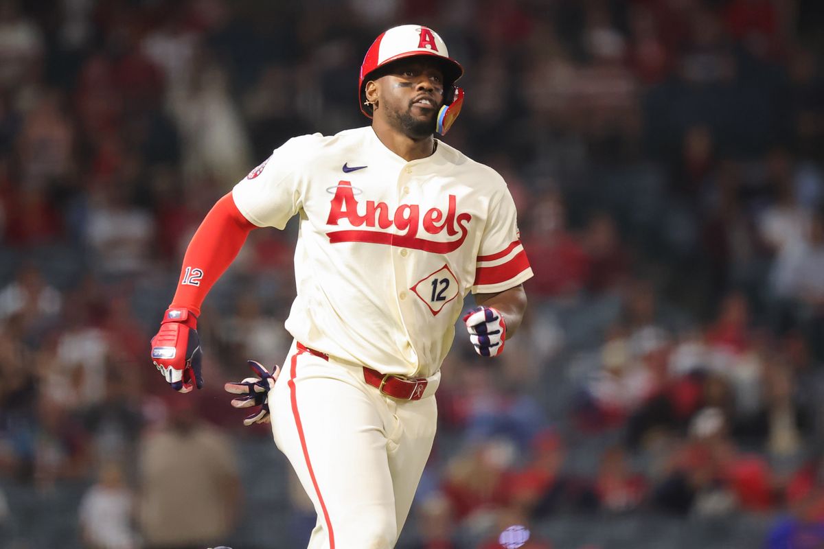 Los Angeles Angels designated hitter Jorge Soler (12) runs the bases during an MLB game against the Colorado Rockies on June 1, 2026 in Anaheim, CA.