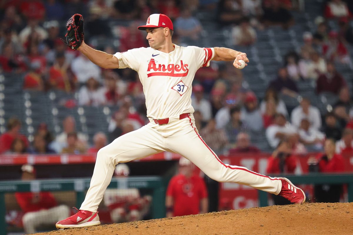 Los Angeles Angels pitcher Brent Suter (37) throws a pitch during an MLB game against the Colorado Rockies on June 1, 2026 in Anaheim, CA.