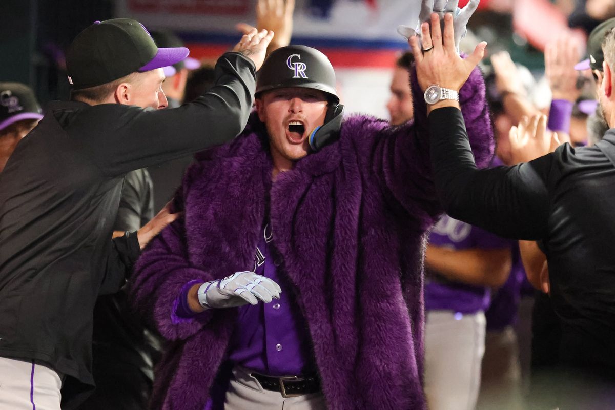 A Colorado Rockies player celebrates scoring a run during an MLB game against the Anaheim Angels on June 1, 2026 in Anaheim, CA.
