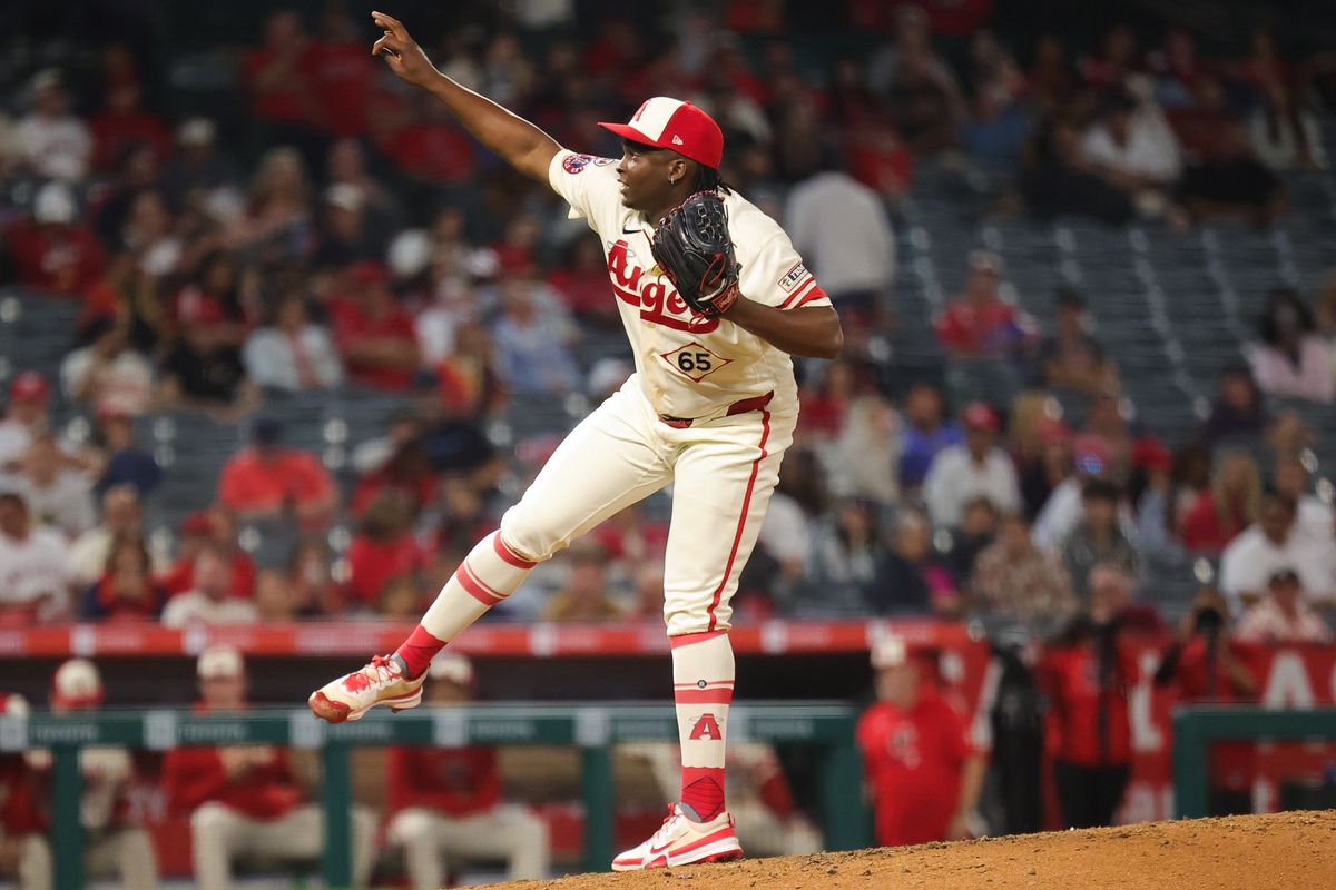 Los Angeles Angels pitcher Jose Fermin (65) throws a pitch during an MLB game against the Colorado Rockies on June 1, 2026 in Anaheim, CA.