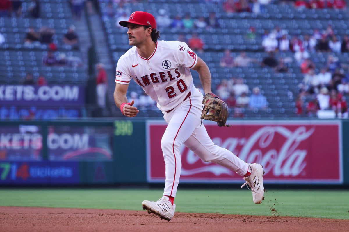 Los Angeles Angels infielder Adam Frazier (20) runs during the MLB game against the Colorado Rockies Tuesday June 2nd, 2026 at Angel's Stadium in Anaheim, Calif.