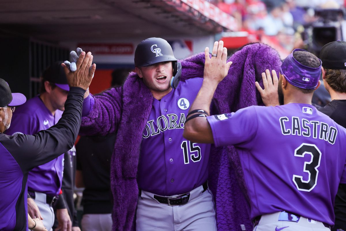 Colorado Rockies catcher Hunter Goodman (15) celebrates after hitting a home run during the MLB game against the Los Angeles Angels Tuesday June 2nd, 2026 at Angel's Stadium in Anaheim, Calif.