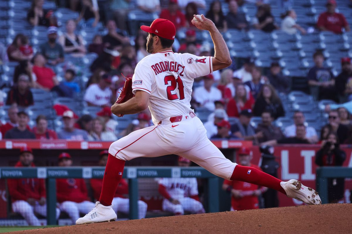 Los Angeles Angels right-handed pitcher Grayson Rodriguez (21) pitches during the MLB game against the Colorado Rockies Tuesday June 2nd, 2026 at Angel's Stadium in Anaheim, Calif.