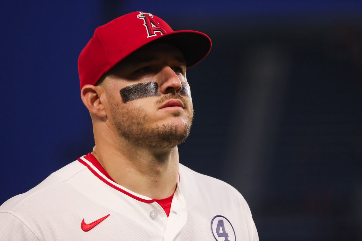 Los Angeles Angels outfielder Mike Trout (27) looks off during the MLB game against the Colorado Rockies Tuesday June 2nd, 2026 at Angel's Stadium in Anaheim, Calif.